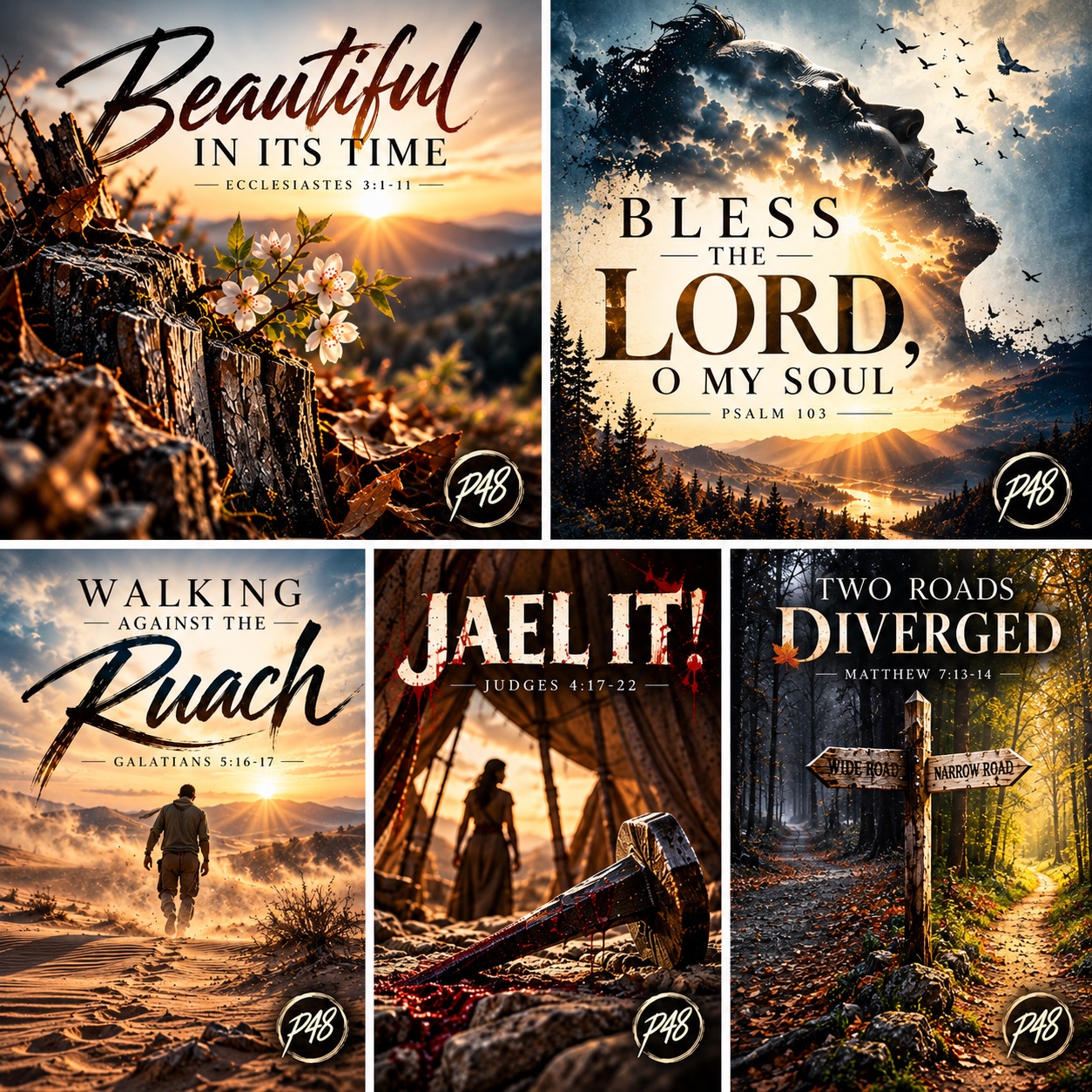 Collage of early Ryanp48 artwork including Beautiful in Its Time, Bless the Lord O My Soul, Walking Against the Ruach, Jael It, and Two Roads Diverged