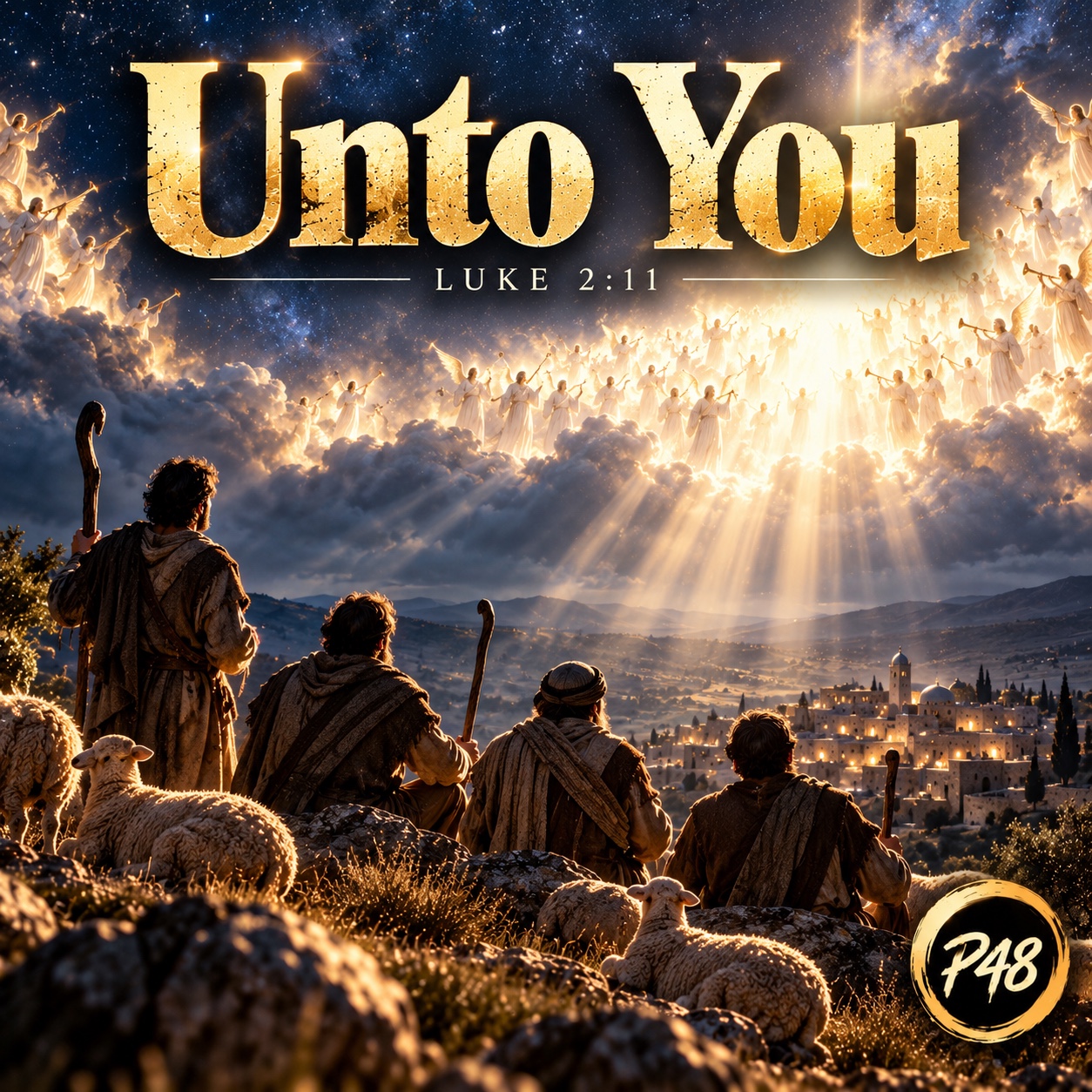 Unto You original P48 cover artwork showing shepherds watching angels above Bethlehem